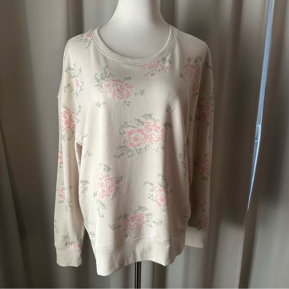 Lucky Brand Cream and Pink Floral Crew Neck Sweater